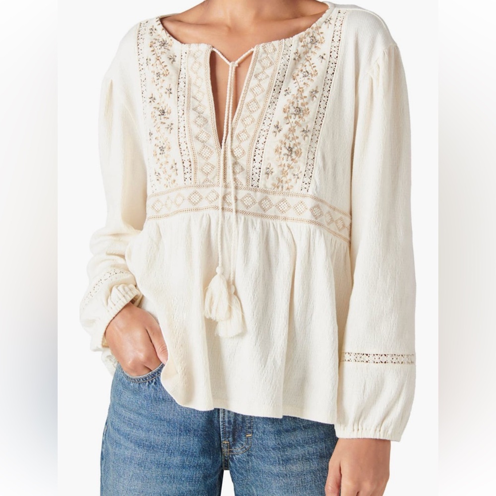 Lucky Brand Embroidered Cream Women's Top XXL